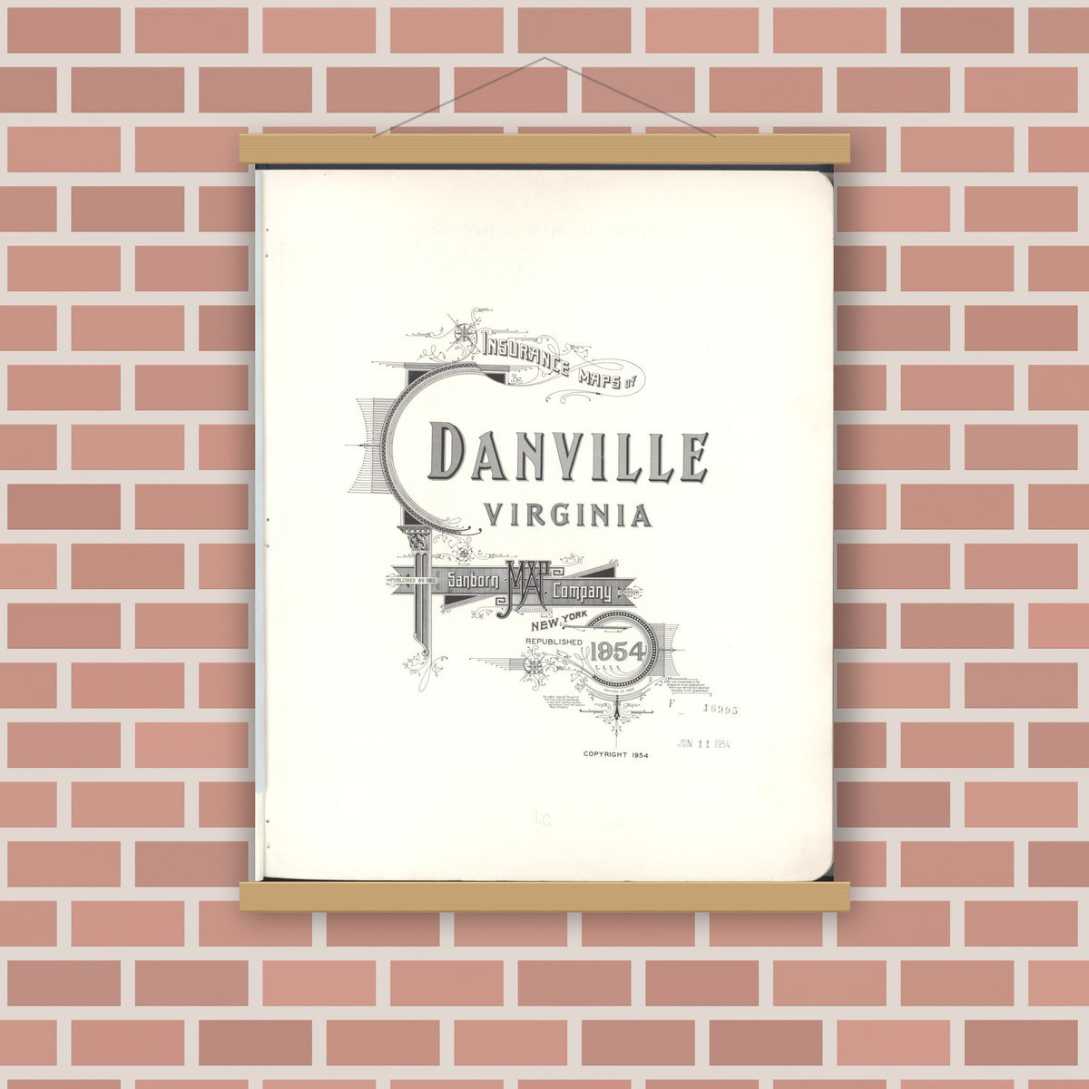 Old map wall art mockup — magnetic wood frame on brick wall — Sanborn Fire Insurance Map from Danville, Independent Cities, Virginia (1954), Sheet #0001