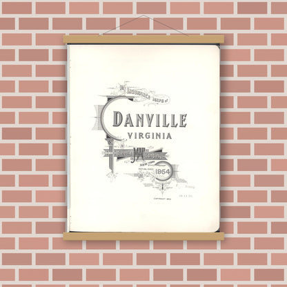 Old map wall art mockup — magnetic wood frame on brick wall — Sanborn Fire Insurance Map from Danville, Independent Cities, Virginia (1954), Sheet #0001