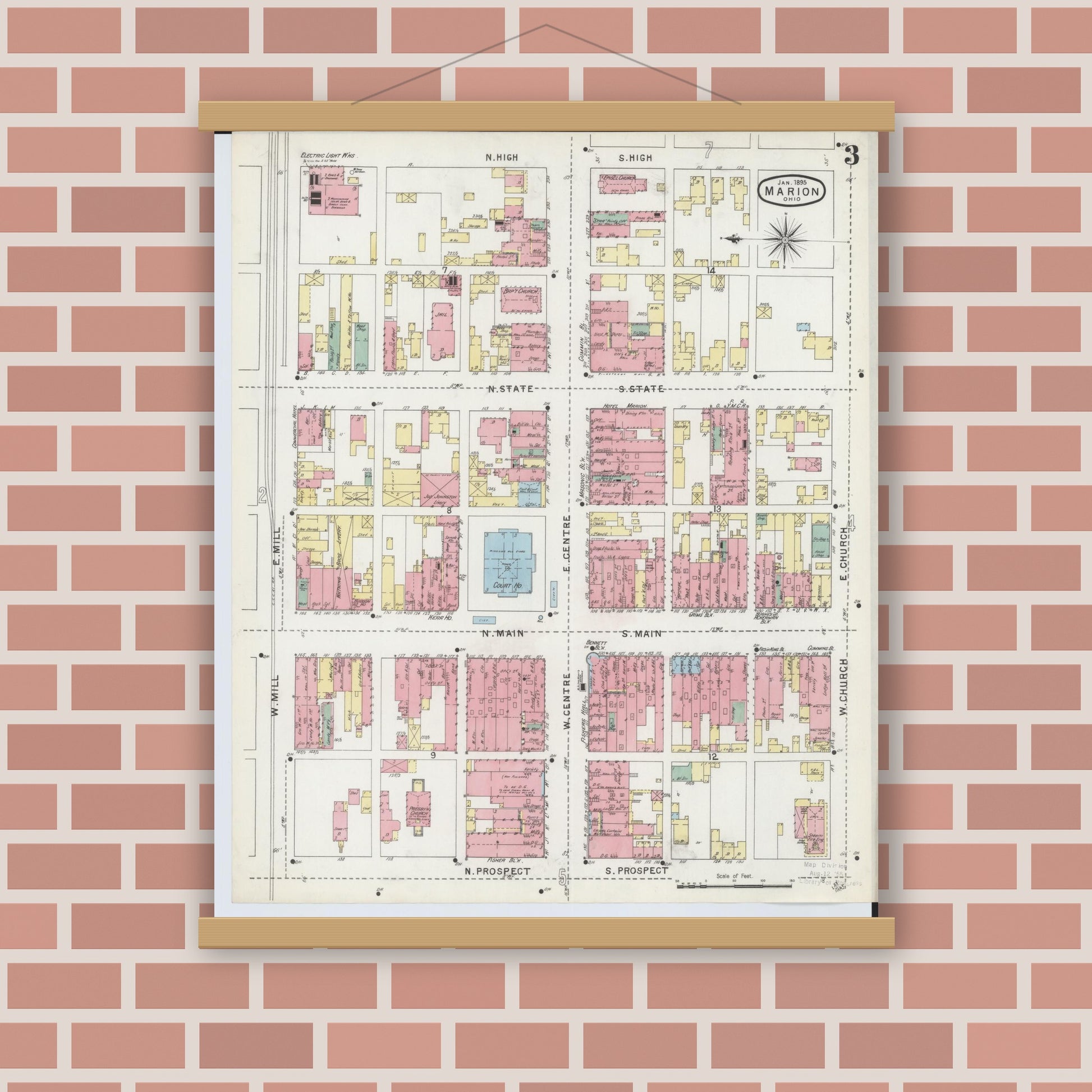 Old map wall art mockup — magnetic wood frame on brick wall — Sanborn Fire Insurance Map from Marion, Marion County, Ohio (1895), Sheet #0003