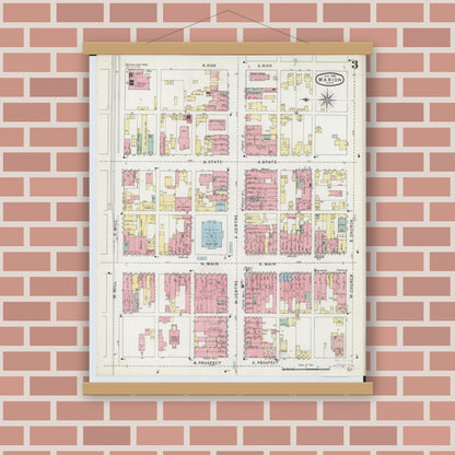Old map wall art mockup — magnetic wood frame on brick wall — Sanborn Fire Insurance Map from Marion, Marion County, Ohio (1895), Sheet #0003