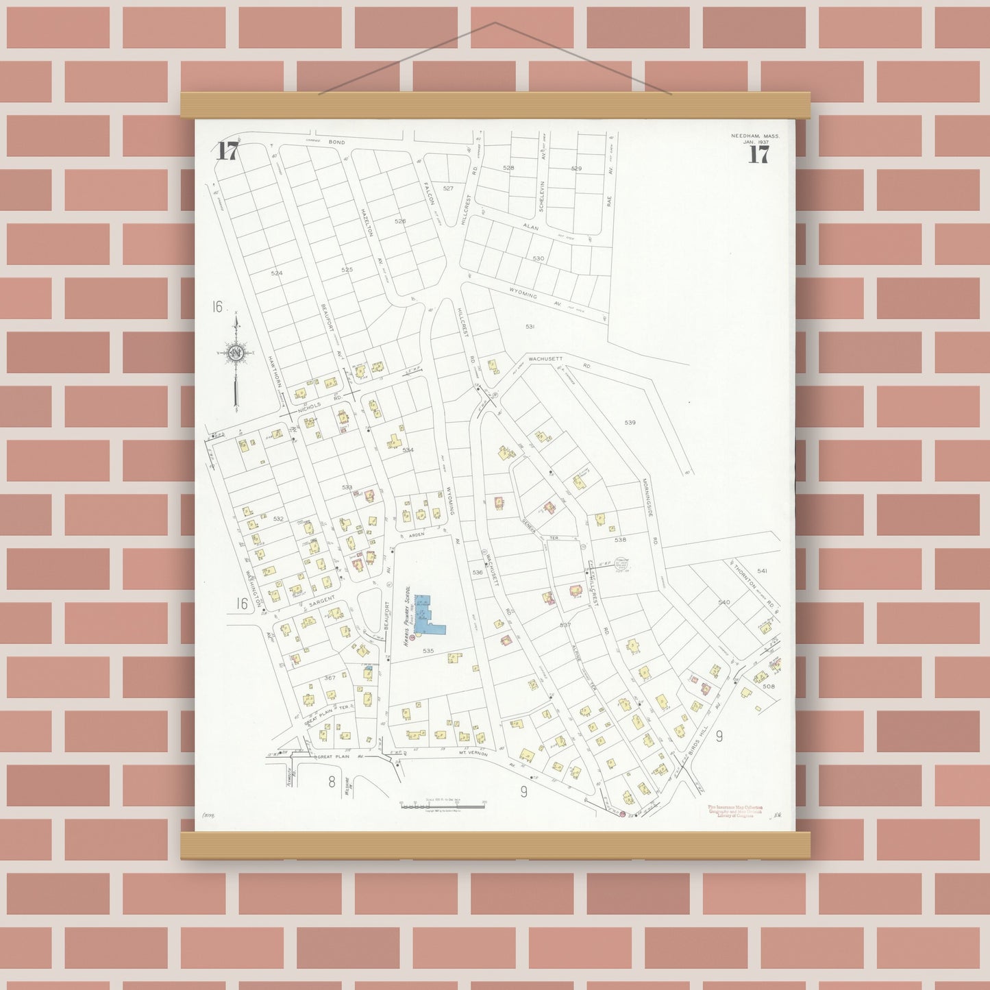 Old map wall art mockup — magnetic wood frame on brick wall — Sanborn Fire Insurance Map from Needham, Norfolk County, Massachusetts (1937), Sheet #0017