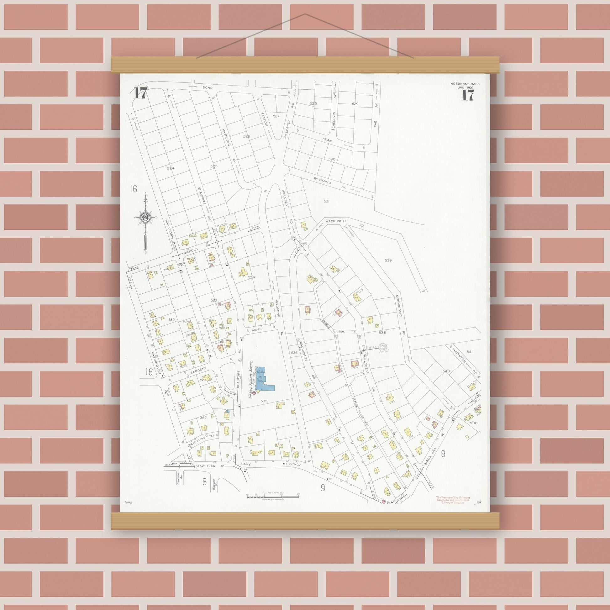 Old map wall art mockup — magnetic wood frame on brick wall — Sanborn Fire Insurance Map from Needham, Norfolk County, Massachusetts (1937), Sheet #0017