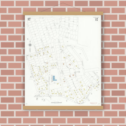 Old map wall art mockup — magnetic wood frame on brick wall — Sanborn Fire Insurance Map from Needham, Norfolk County, Massachusetts (1937), Sheet #0017