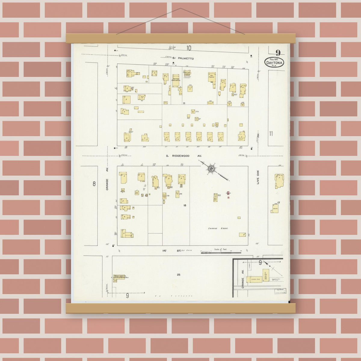 Old map wall art mockup — magnetic wood frame on brick wall — Sanborn Fire Insurance Map from Daytona, Volusia County, Florida (1912), Sheet #0009