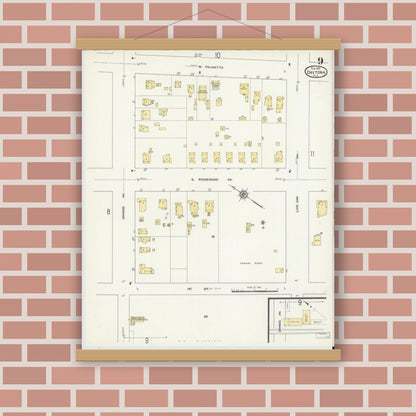 Old map wall art mockup — magnetic wood frame on brick wall — Sanborn Fire Insurance Map from Daytona, Volusia County, Florida (1912), Sheet #0009