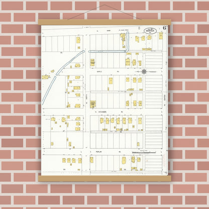 Old map wall art mockup — magnetic wood frame on brick wall — Sanborn Fire Insurance Map from Manteca, San Joaquin County, California (1921), Sheet #0006
