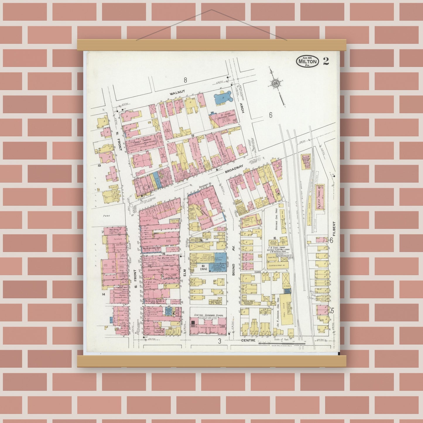 Old map wall art mockup — magnetic wood frame on brick wall — Sanborn Fire Insurance Map from Milton, Northumberland County, Pennsylvania (1918), Sheet #0002