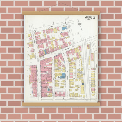 Old map wall art mockup — magnetic wood frame on brick wall — Sanborn Fire Insurance Map from Milton, Northumberland County, Pennsylvania (1918), Sheet #0002