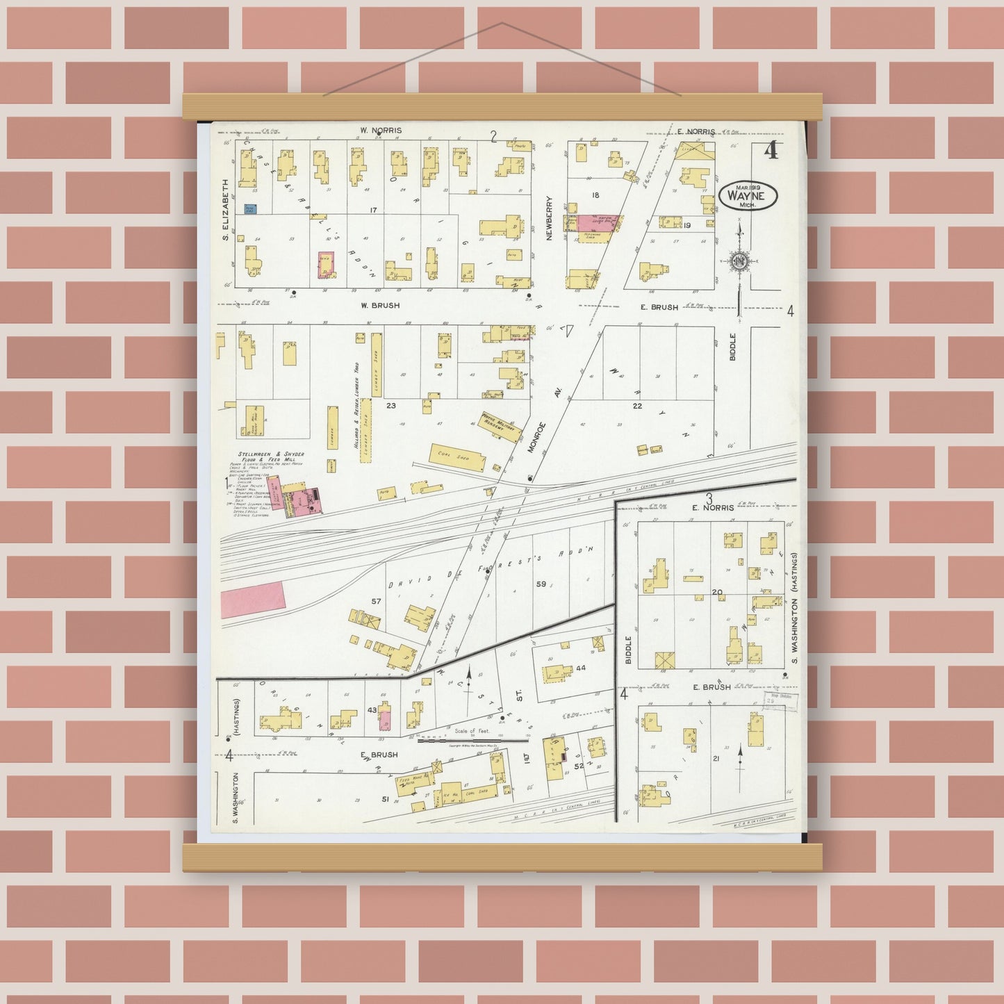 Old map wall art mockup — magnetic wood frame on brick wall — Sanborn Fire Insurance Map from Wayne, Wayne County, Michigan (1919), Sheet #0004