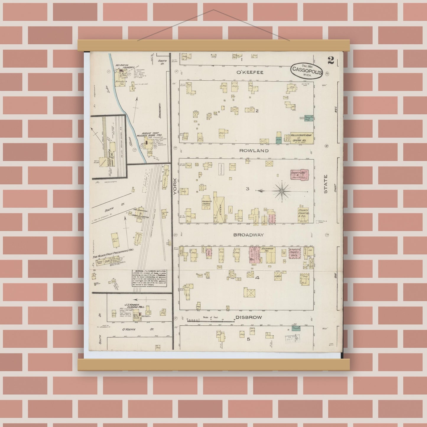 Old map wall art mockup — magnetic wood frame on brick wall — Sanborn Fire Insurance Map from Cassopolis, Cass County, Michigan (1884), Sheet #0002