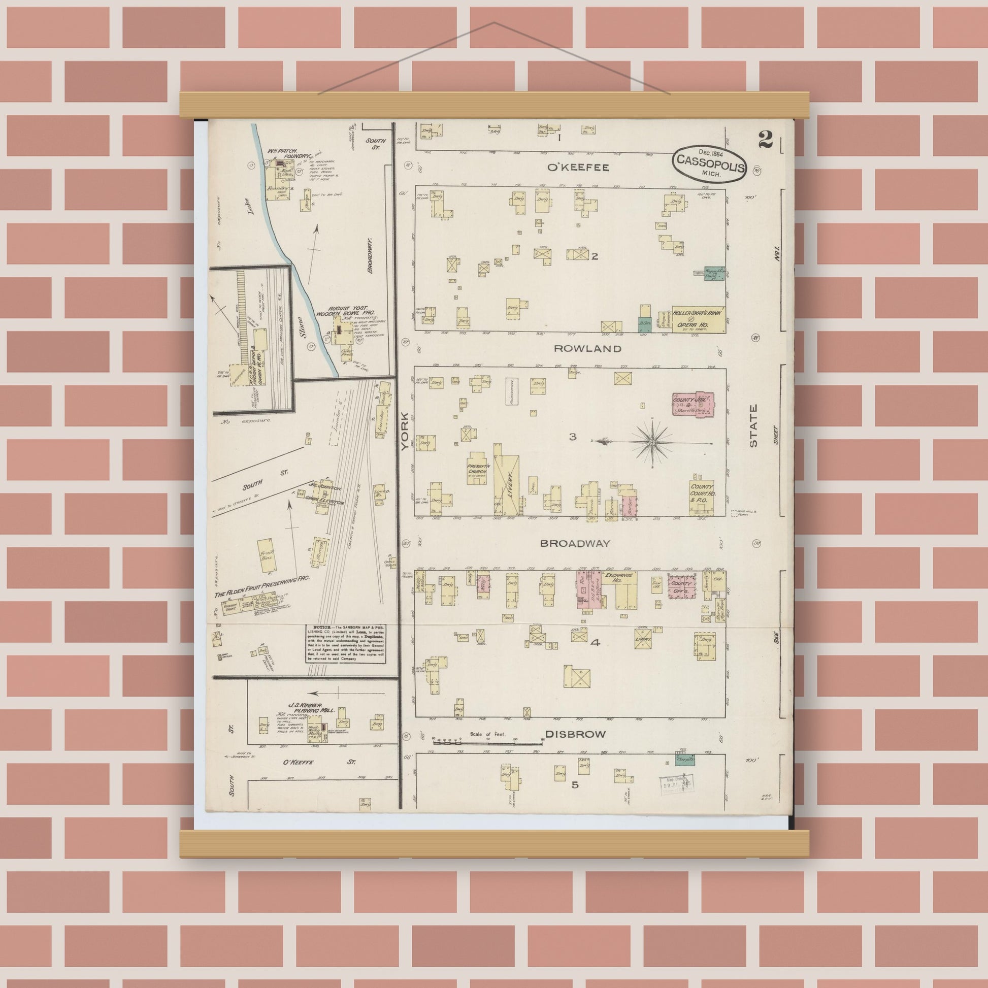 Old map wall art mockup — magnetic wood frame on brick wall — Sanborn Fire Insurance Map from Cassopolis, Cass County, Michigan (1884), Sheet #0002