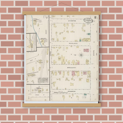 Old map wall art mockup — magnetic wood frame on brick wall — Sanborn Fire Insurance Map from Cassopolis, Cass County, Michigan (1884), Sheet #0002