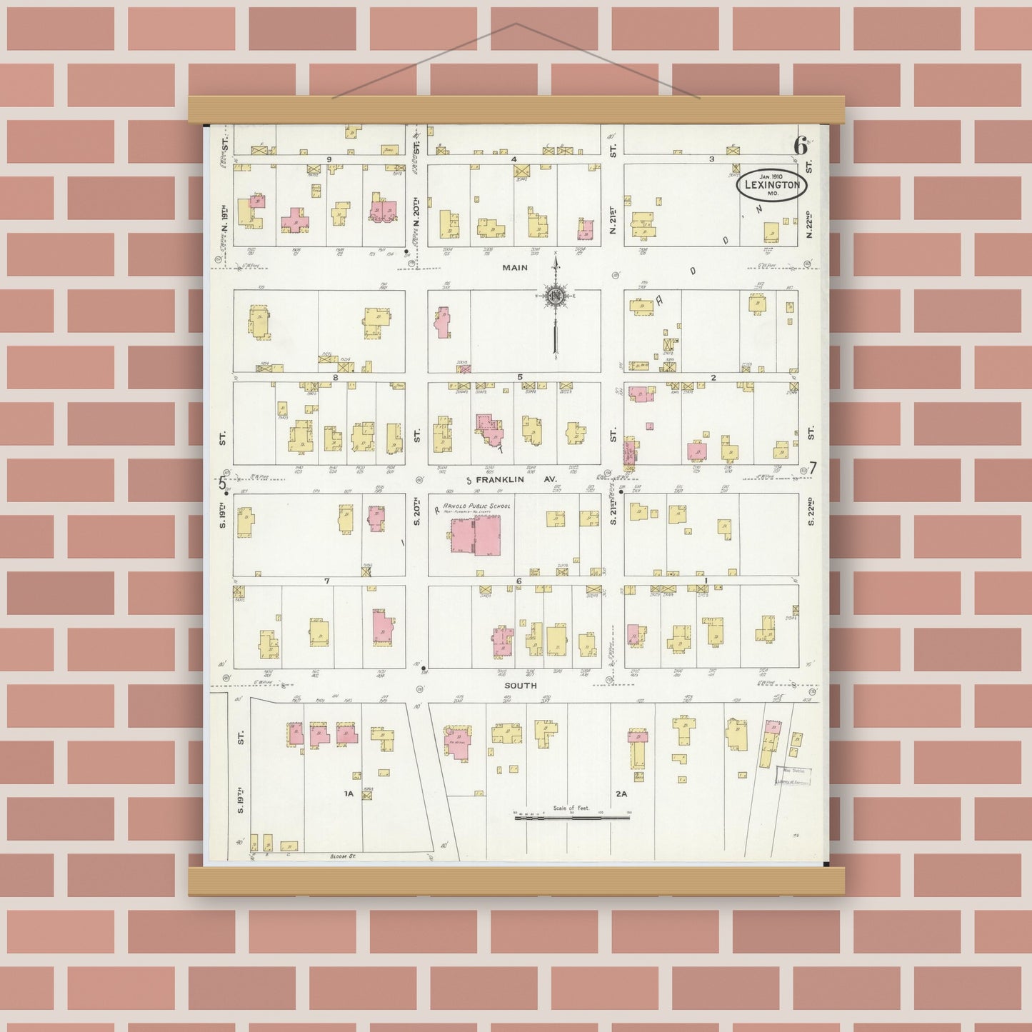 Old map wall art mockup — magnetic wood frame on brick wall — Sanborn Fire Insurance Map from Lexington, Lafayette County, Missouri (1910), Sheet #0006