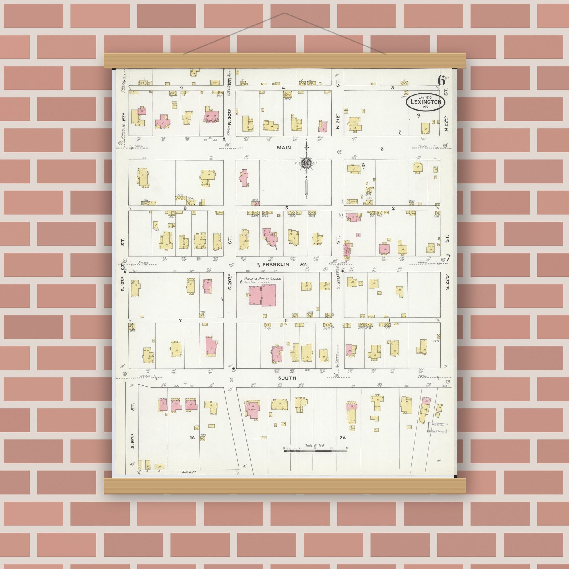Old map wall art mockup — magnetic wood frame on brick wall — Sanborn Fire Insurance Map from Lexington, Lafayette County, Missouri (1910), Sheet #0006