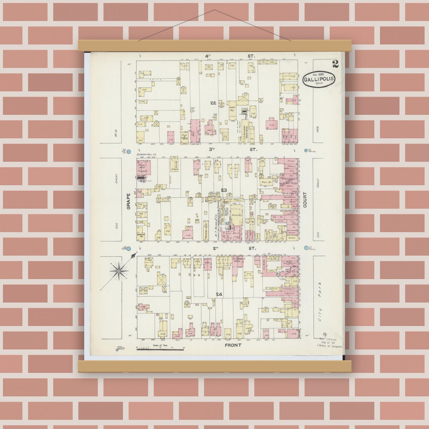 Old map wall art mockup — magnetic wood frame on brick wall — Sanborn Fire Insurance Map from Gallipolis, Gallia County, Ohio (1890), Sheet #0002