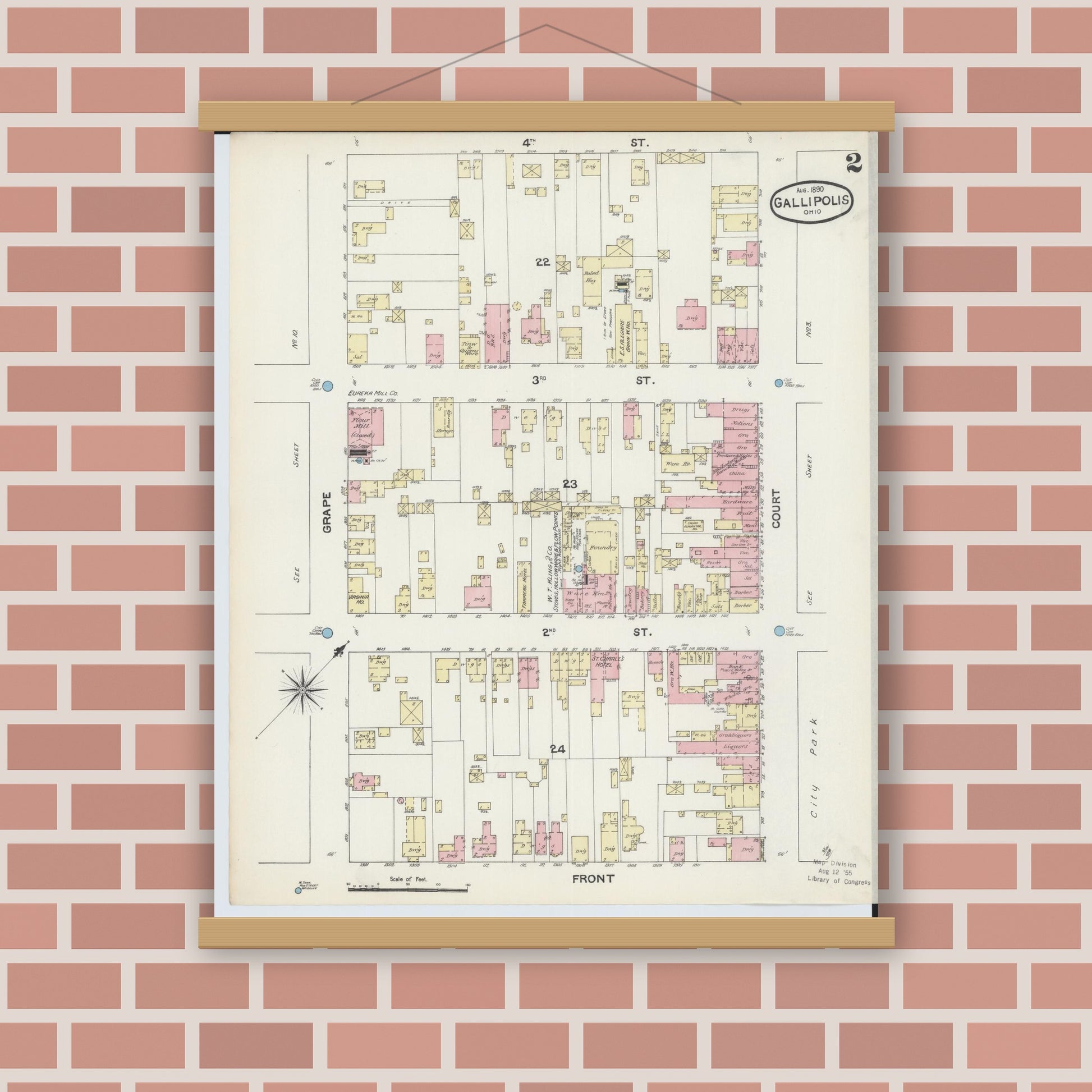 Old map wall art mockup — magnetic wood frame on brick wall — Sanborn Fire Insurance Map from Gallipolis, Gallia County, Ohio (1890), Sheet #0002