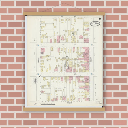 Old map wall art mockup — magnetic wood frame on brick wall — Sanborn Fire Insurance Map from Gallipolis, Gallia County, Ohio (1890), Sheet #0002