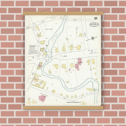 Old map wall art mockup — magnetic wood frame on brick wall — Sanborn Fire Insurance Map from Fayetteville, Cumberland County, North Carolina (1914), Sheet #0018