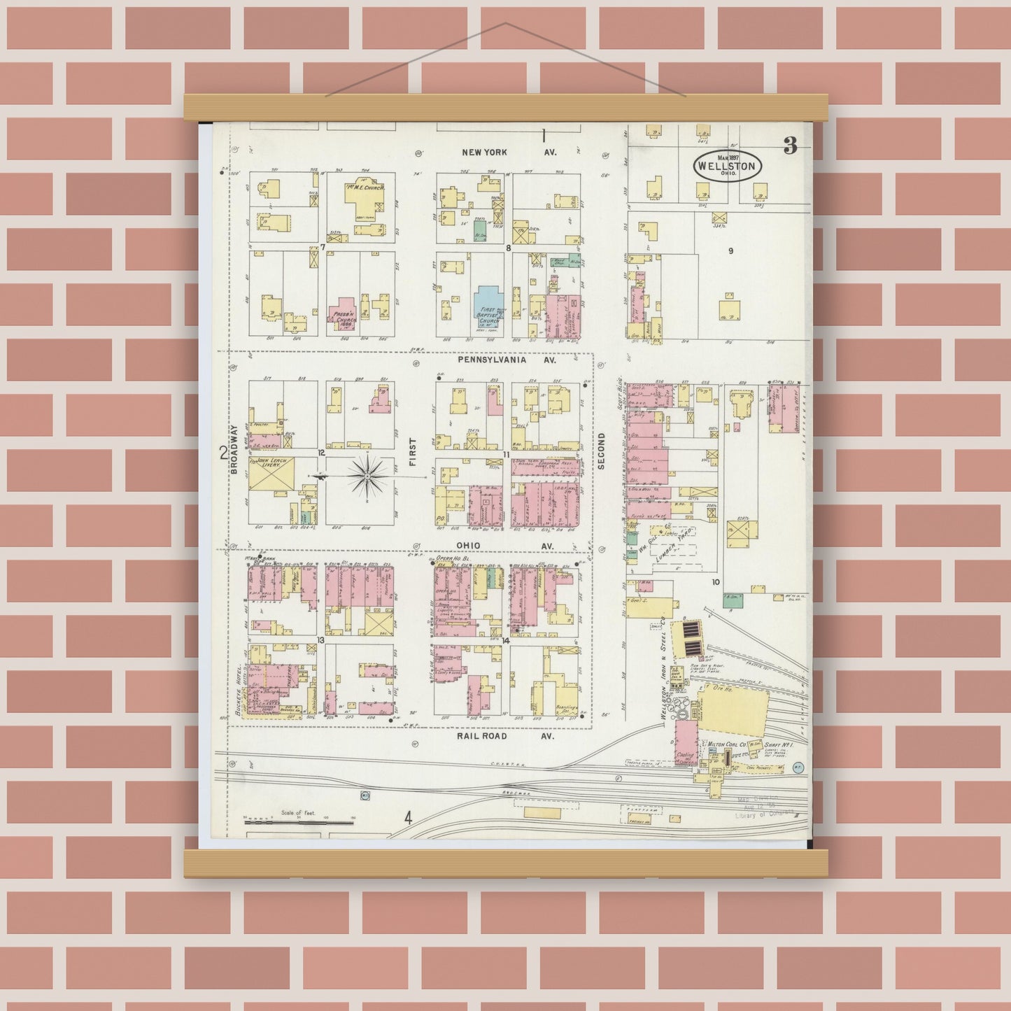 Old map wall art mockup — magnetic wood frame on brick wall — Sanborn Fire Insurance Map from Wellston, Jackson County, Ohio (1897), Sheet #0003