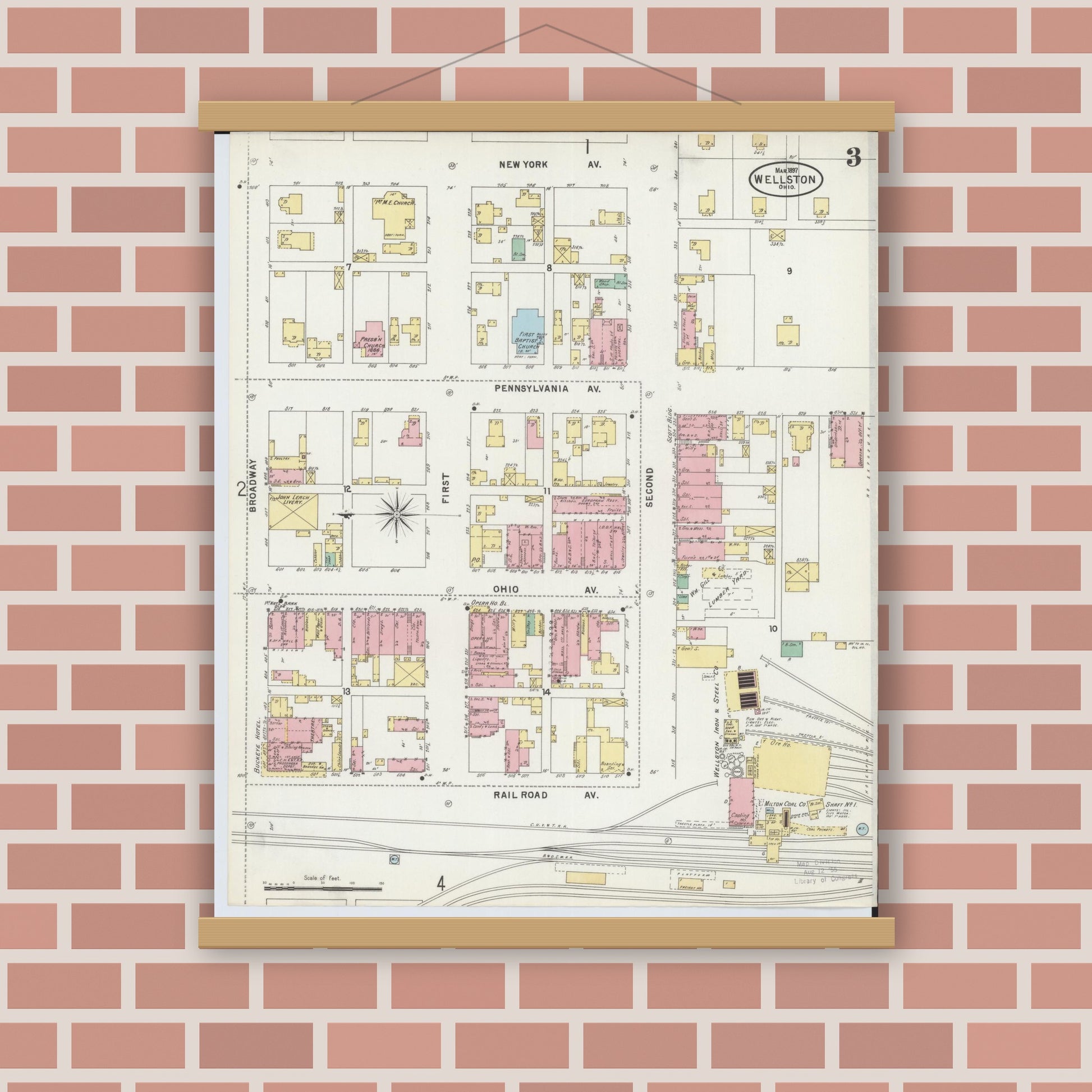 Old map wall art mockup — magnetic wood frame on brick wall — Sanborn Fire Insurance Map from Wellston, Jackson County, Ohio (1897), Sheet #0003