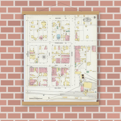 Old map wall art mockup — magnetic wood frame on brick wall — Sanborn Fire Insurance Map from Wellston, Jackson County, Ohio (1897), Sheet #0003
