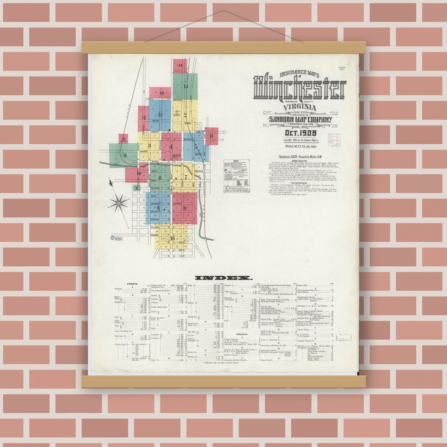 Old map wall art mockup — magnetic wood frame on brick wall — Sanborn Fire Insurance Map from Winchester, Independent Cities, Virginia (1908) - Complete Map Set