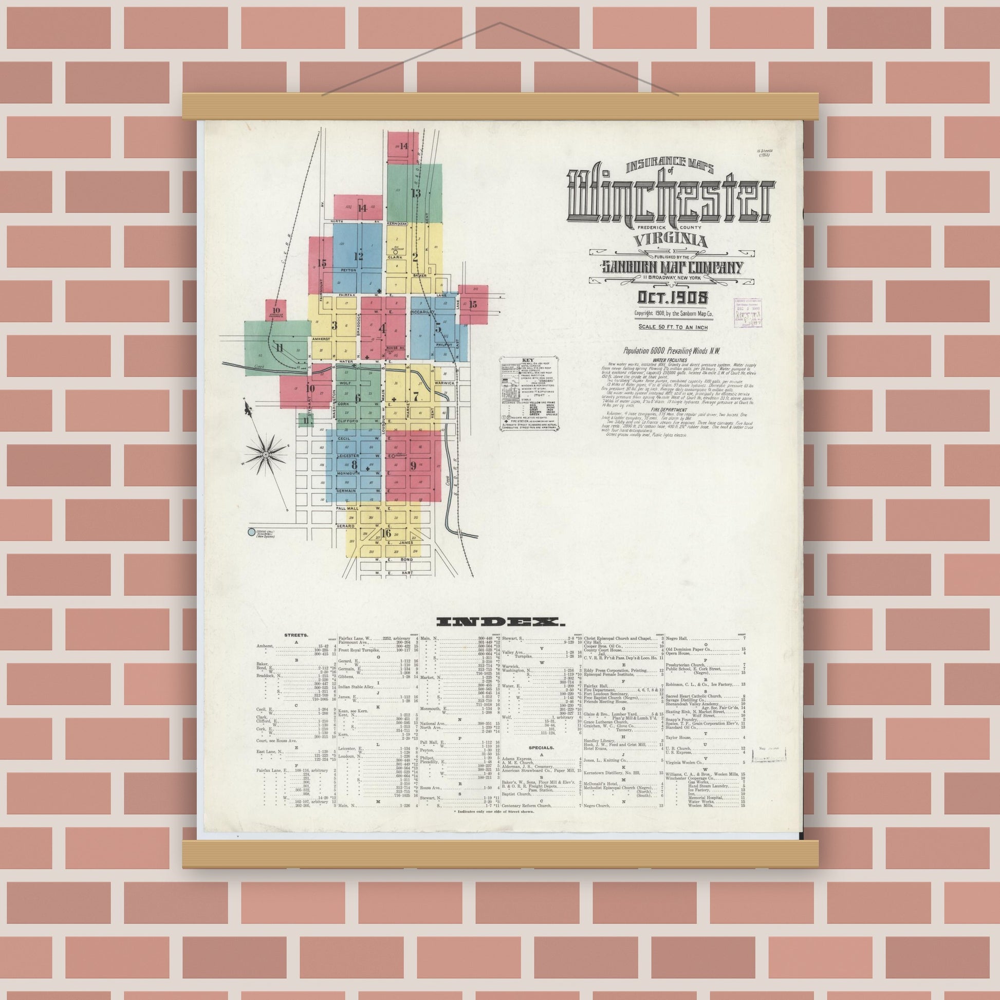 Old map wall art mockup — magnetic wood frame on brick wall — Sanborn Fire Insurance Map from Winchester, Independent Cities, Virginia (1908) - Complete Map Set