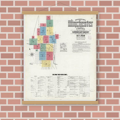 Old map wall art mockup — magnetic wood frame on brick wall — Sanborn Fire Insurance Map from Winchester, Independent Cities, Virginia (1908) - Complete Map Set