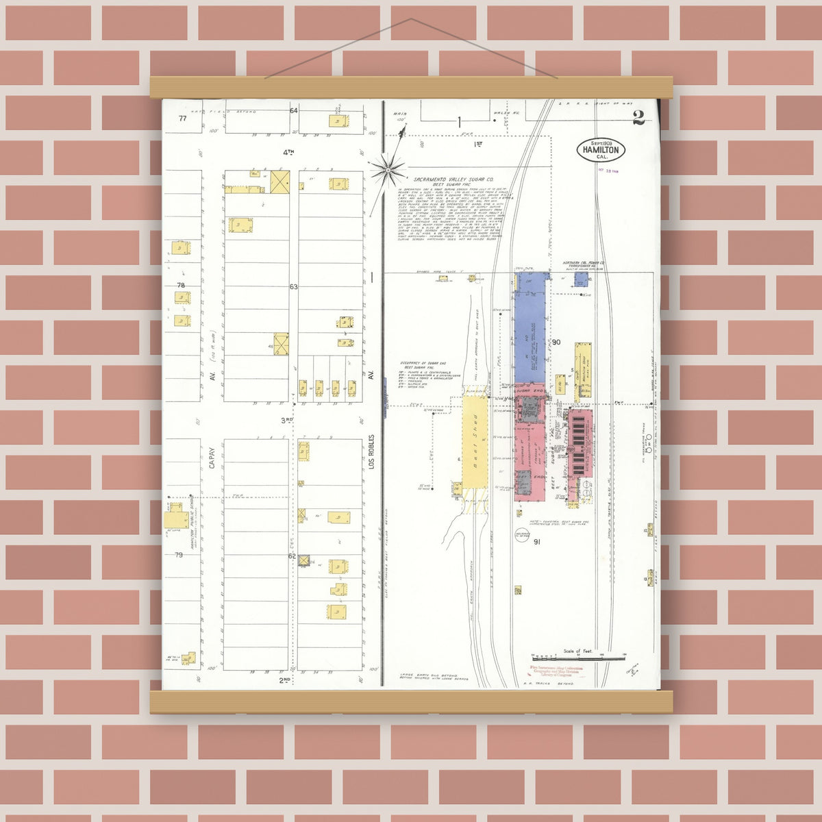Old map wall art mockup — magnetic wood frame on brick wall — Sanborn Fire Insurance Map from Hamilton, Glenn County, California (1909), Sheet #0002