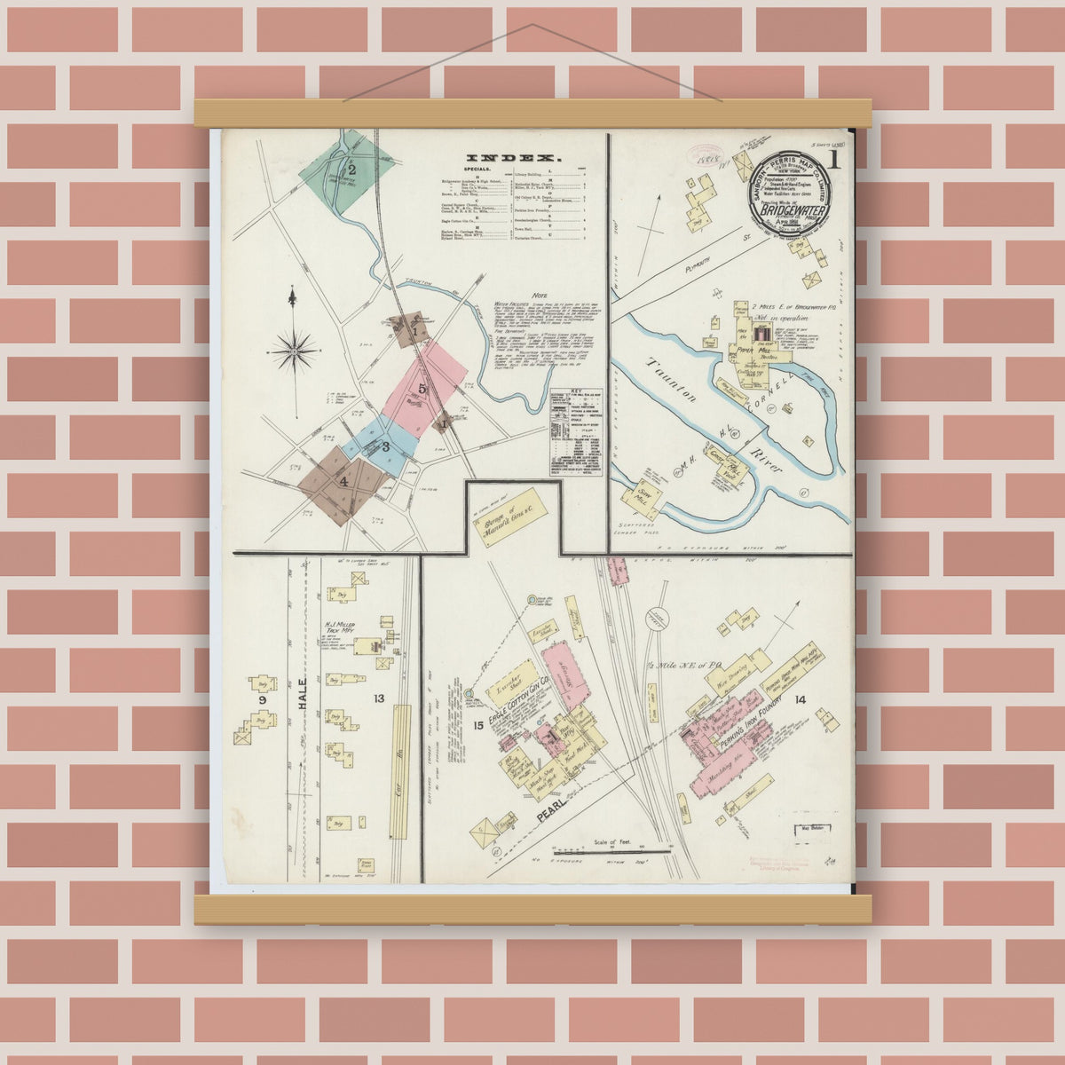 Old map wall art mockup — magnetic wood frame on brick wall — Sanborn Fire Insurance Map from Bridgewater, Plymouth County, Massachusetts (1891), Sheet #0001