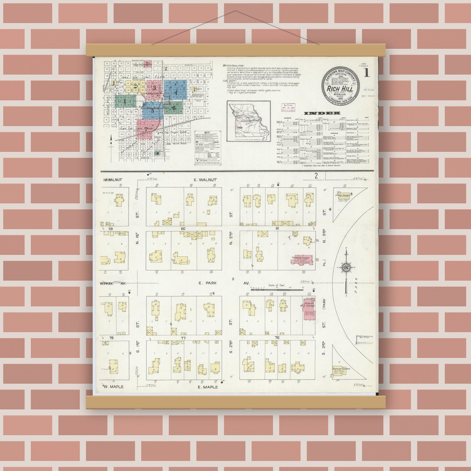 Old map wall art mockup — magnetic wood frame on brick wall — Sanborn Fire Insurance Map from Rich Hill, Bates County, Missouri (1914) - Complete Map Set