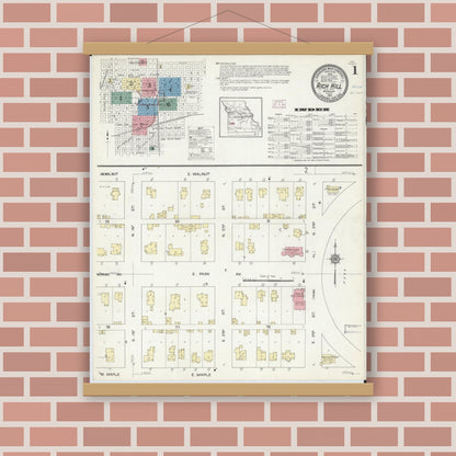 Old map wall art mockup — magnetic wood frame on brick wall — Sanborn Fire Insurance Map from Rich Hill, Bates County, Missouri (1914) - Complete Map Set