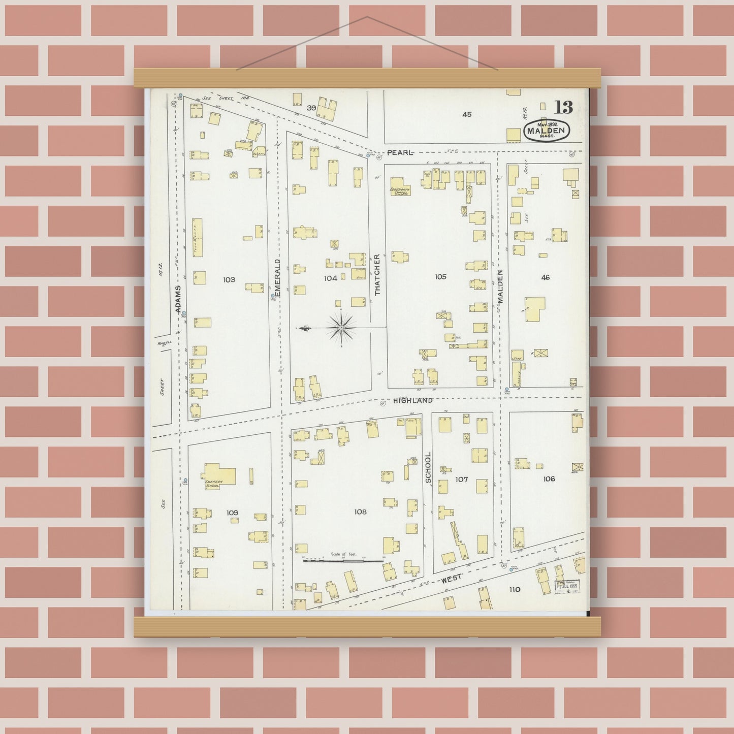 Old map wall art mockup — magnetic wood frame on brick wall — Sanborn Fire Insurance Map from Malden, Middlesex County, Massachusetts (1892), Sheet #0013