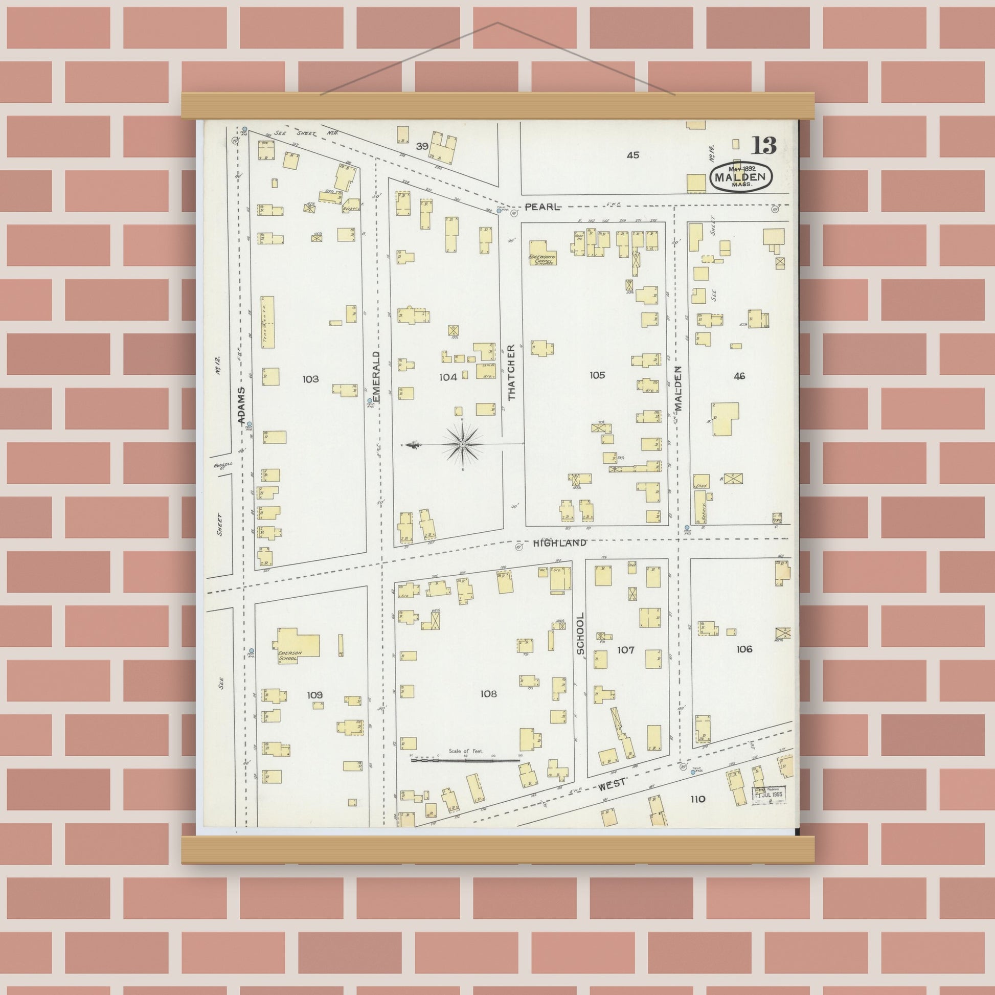Old map wall art mockup — magnetic wood frame on brick wall — Sanborn Fire Insurance Map from Malden, Middlesex County, Massachusetts (1892), Sheet #0013