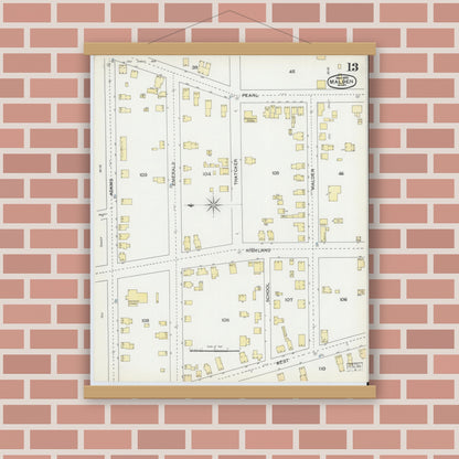 Old map wall art mockup — magnetic wood frame on brick wall — Sanborn Fire Insurance Map from Malden, Middlesex County, Massachusetts (1892), Sheet #0013