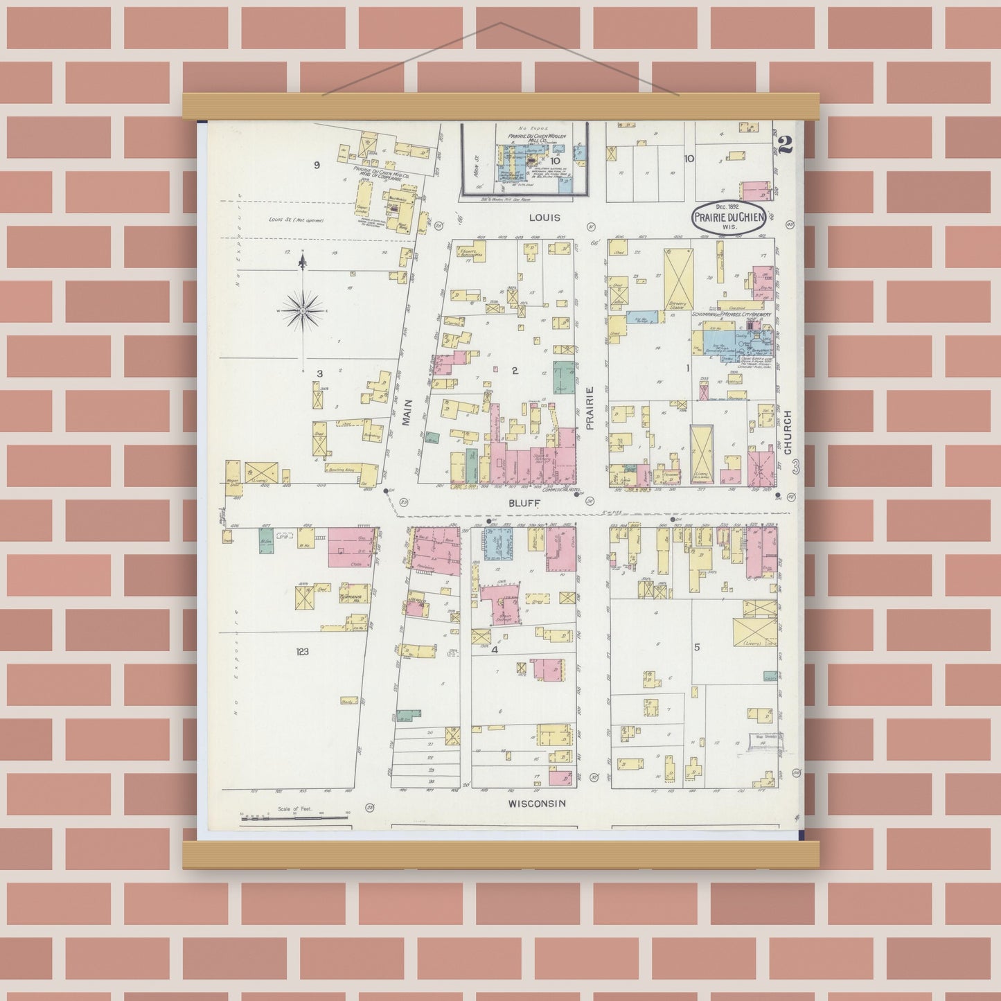 Old map wall art mockup — magnetic wood frame on brick wall — Sanborn Fire Insurance Map from Prairie du Chien, Crawford County, Wisconsin (1892), Sheet #0002