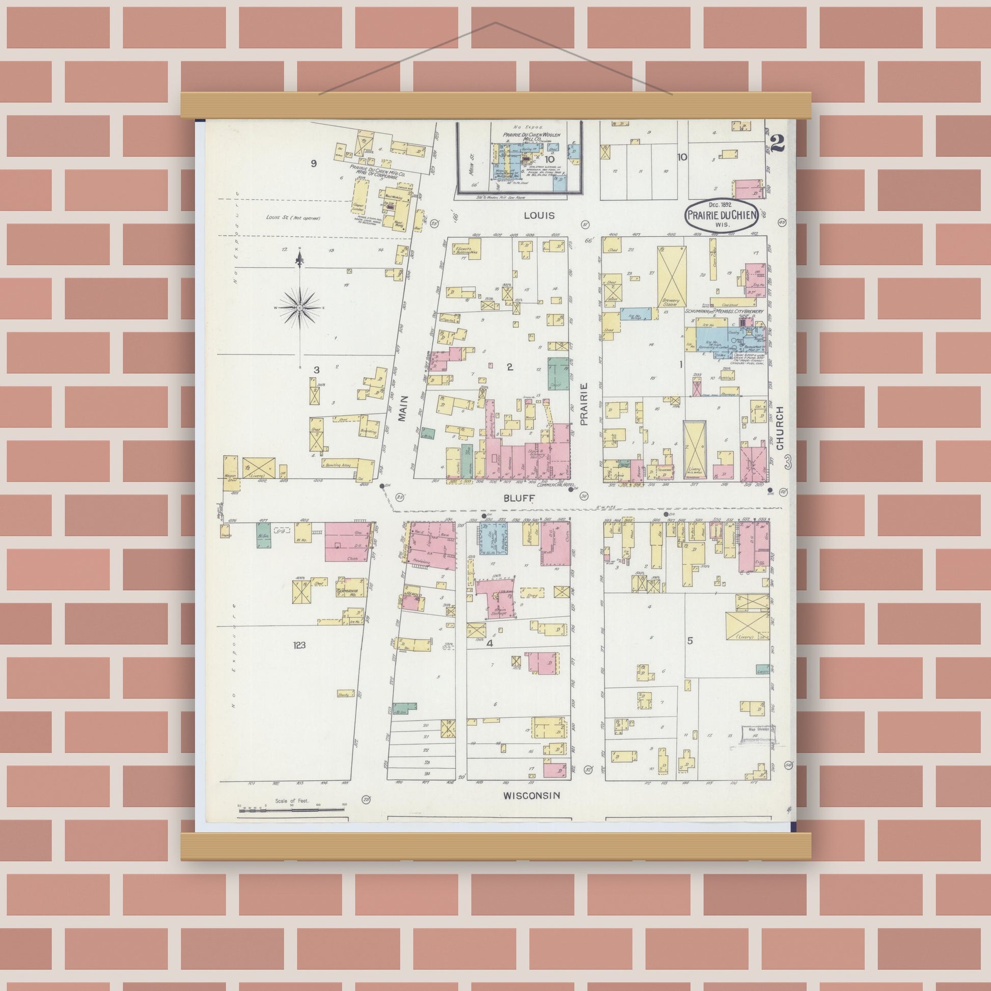 Old map wall art mockup — magnetic wood frame on brick wall — Sanborn Fire Insurance Map from Prairie du Chien, Crawford County, Wisconsin (1892), Sheet #0002