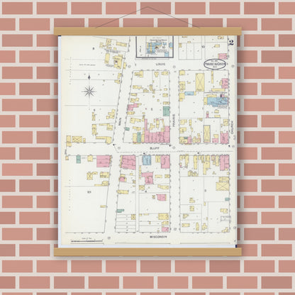 Old map wall art mockup — magnetic wood frame on brick wall — Sanborn Fire Insurance Map from Prairie du Chien, Crawford County, Wisconsin (1892), Sheet #0002