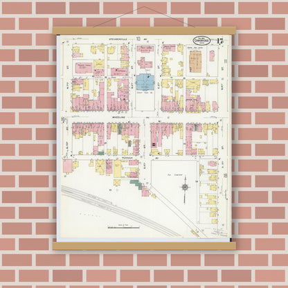 Old map wall art mockup — magnetic wood frame on brick wall — Sanborn Fire Insurance Map from Cambridge, Guernsey County, Ohio (1909), Sheet #0017