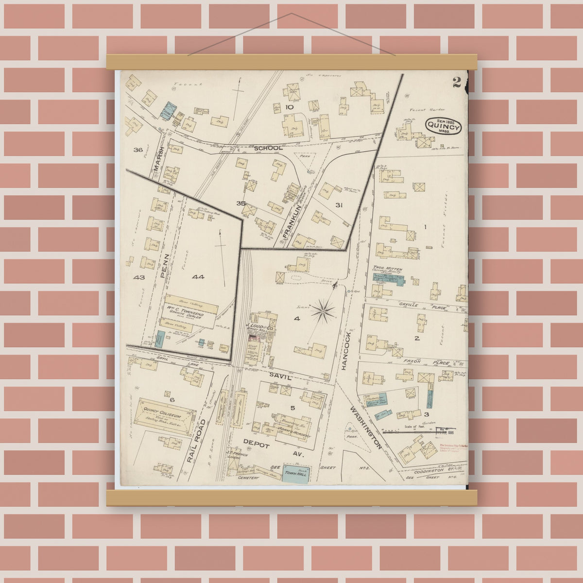 Old map wall art mockup — magnetic wood frame on brick wall — Sanborn Fire Insurance Map from Quincy, Norfolk County, Massachusetts (1885), Sheet #0002