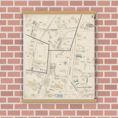 Old map wall art mockup — magnetic wood frame on brick wall — Sanborn Fire Insurance Map from Quincy, Norfolk County, Massachusetts (1885), Sheet #0002