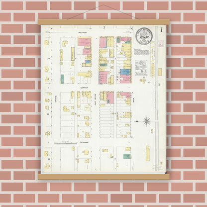 Old map wall art mockup — magnetic wood frame on brick wall — Sanborn Fire Insurance Map from Weimar, Colorado County, Texas (1907), Sheet #0001