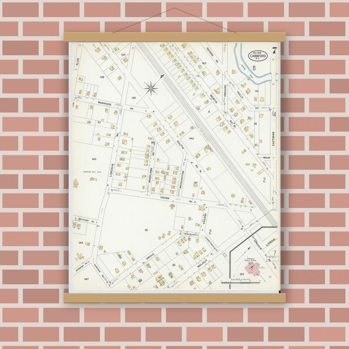 Old map wall art mockup — magnetic wood frame on brick wall — Sanborn Fire Insurance Map from Cranford, Union County, New Jersey (1908), Sheet #0007
