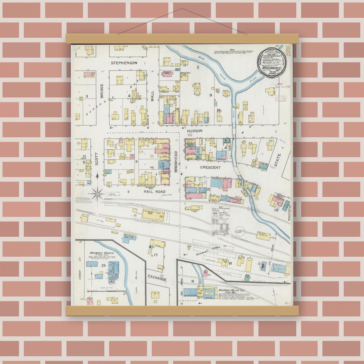 Old map wall art mockup — magnetic wood frame on brick wall — Sanborn Fire Insurance Map from Mazomanie, Dane County, Wisconsin (1892), Sheet #0001