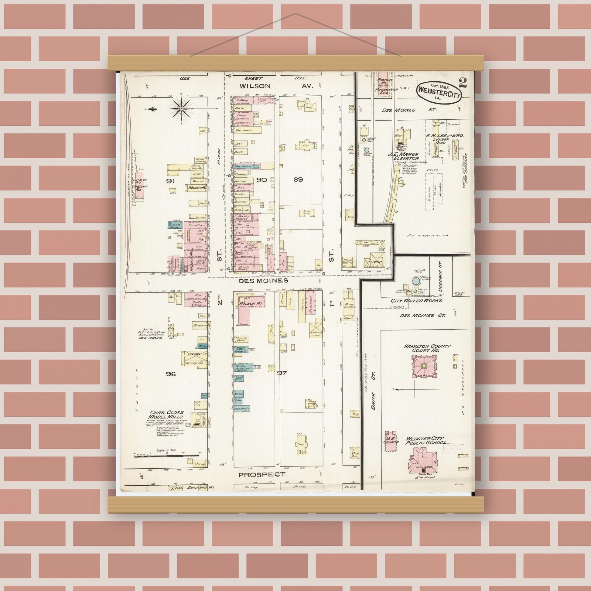 Old map wall art mockup — magnetic wood frame on brick wall — Sanborn Fire Insurance Map from Webster City, Hamilton County, Iowa (1885), Sheet #0002