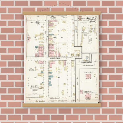 Old map wall art mockup — magnetic wood frame on brick wall — Sanborn Fire Insurance Map from Webster City, Hamilton County, Iowa (1885), Sheet #0002