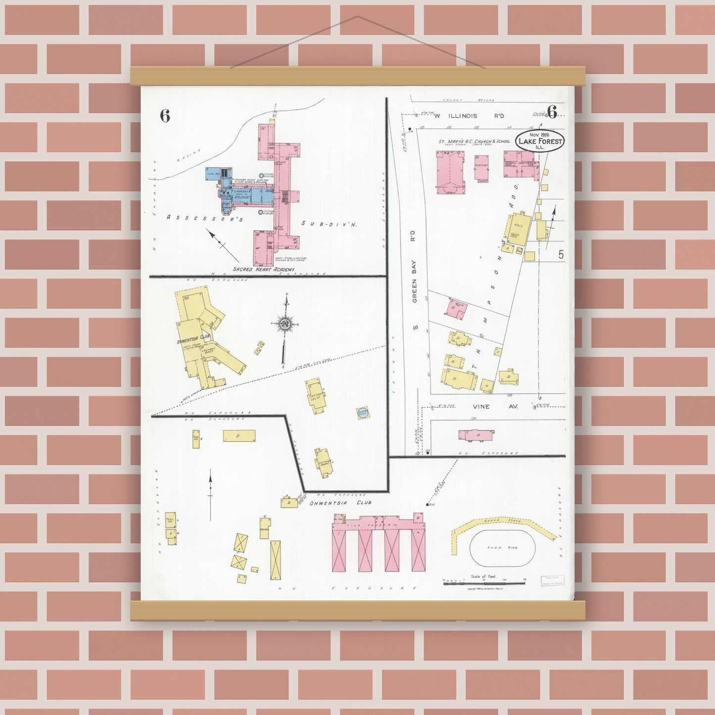 Old map wall art mockup — magnetic wood frame on brick wall — Sanborn Fire Insurance Map from Lake Forest, Lake County, Illinois (1926), Sheet #0006