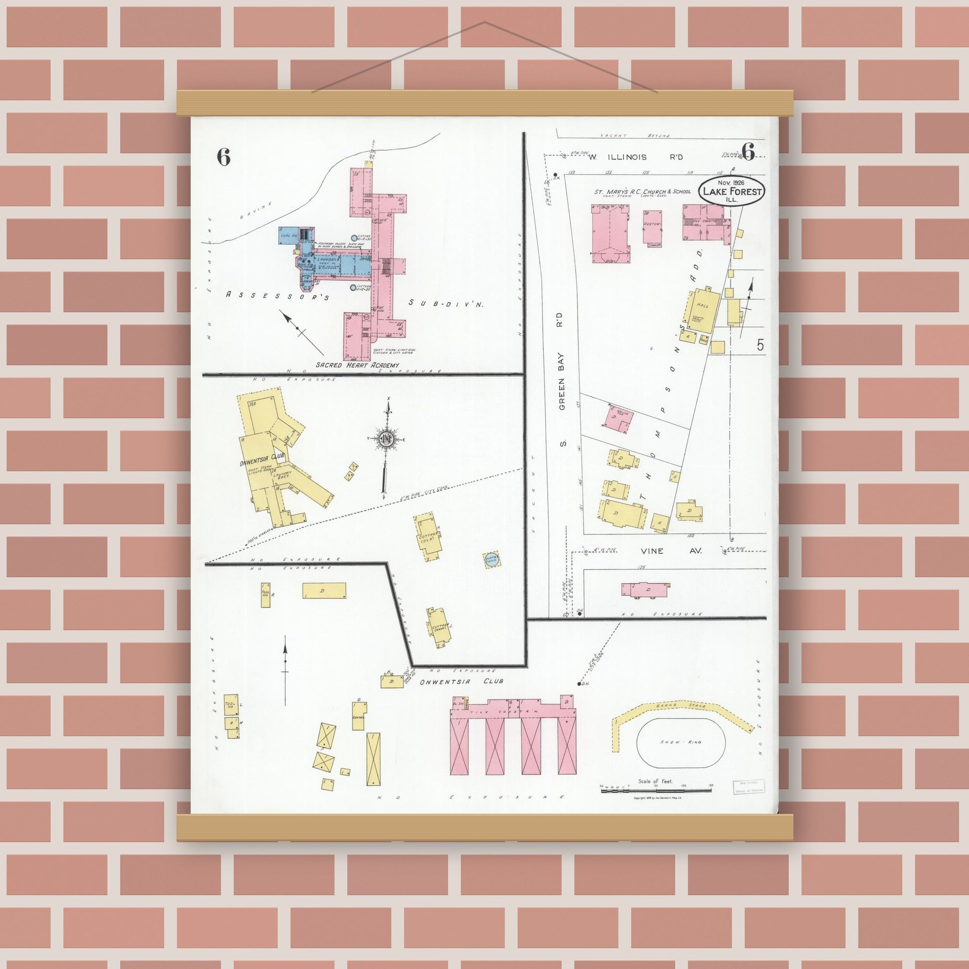 Old map wall art mockup — magnetic wood frame on brick wall — Sanborn Fire Insurance Map from Lake Forest, Lake County, Illinois (1926), Sheet #0006