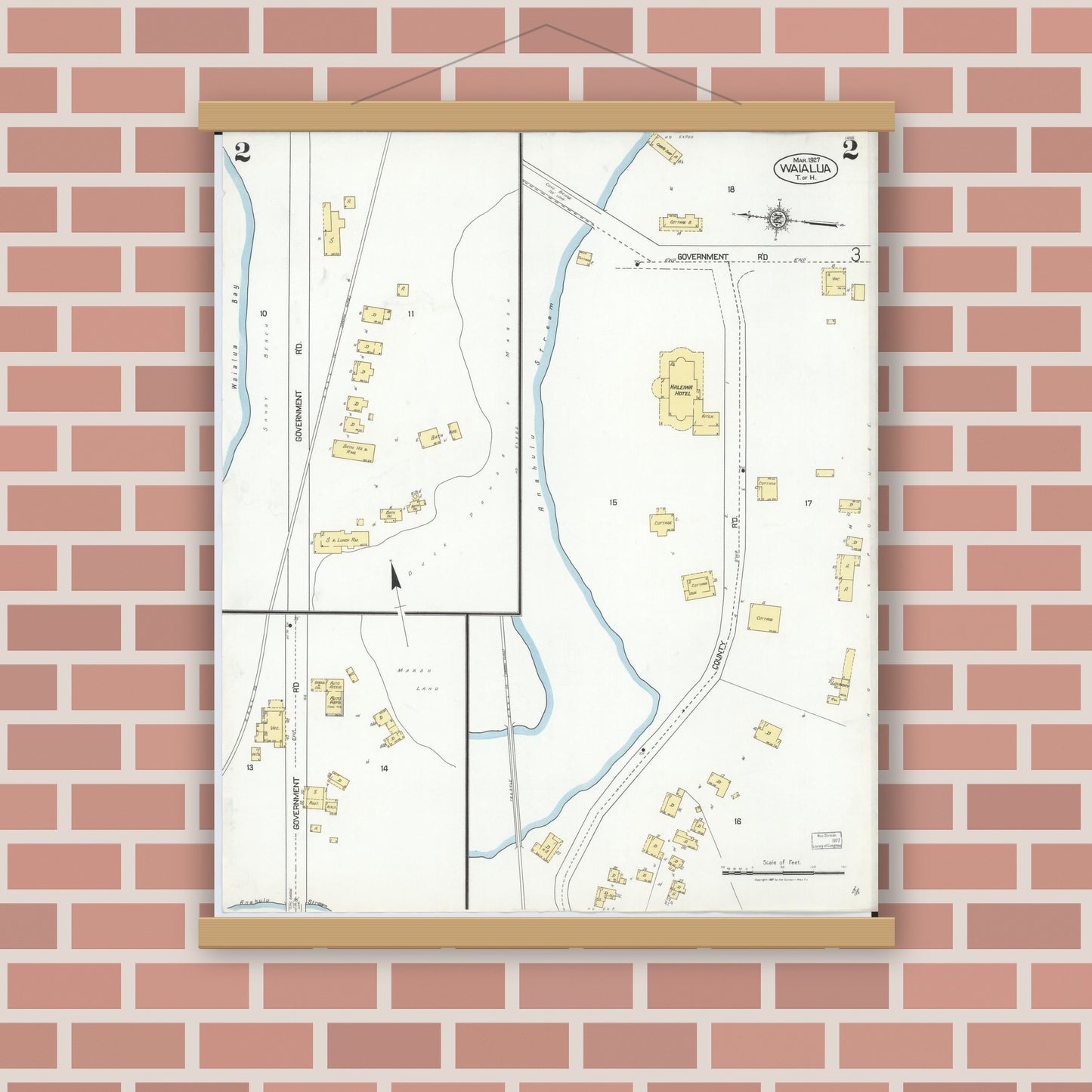 Old map wall art mockup — magnetic wood frame on brick wall — Sanborn Fire Insurance Map from Waialua, Honolulu County, Hawaii (1927), Sheet #0002