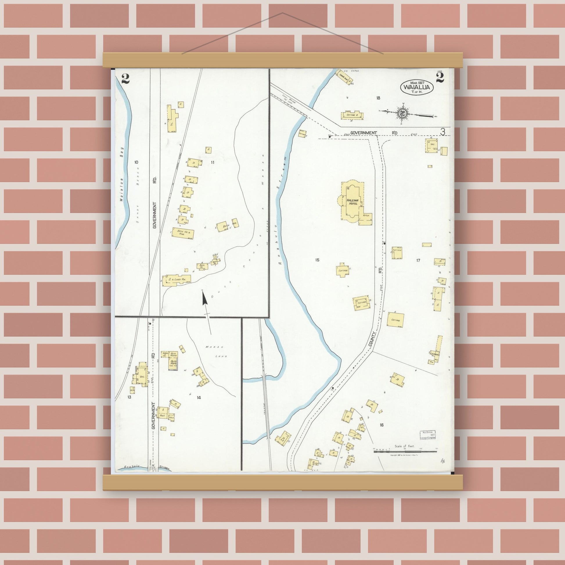 Old map wall art mockup — magnetic wood frame on brick wall — Sanborn Fire Insurance Map from Waialua, Honolulu County, Hawaii (1927), Sheet #0002